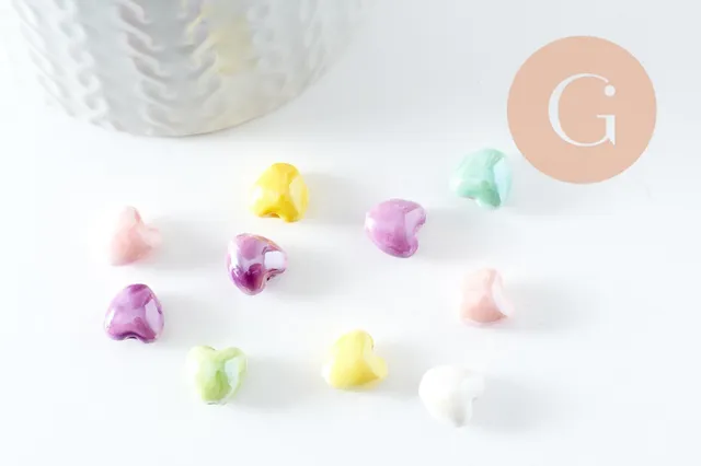 Gingerlily Perles coeur porcelaine irisé 12 mm, lot de 5