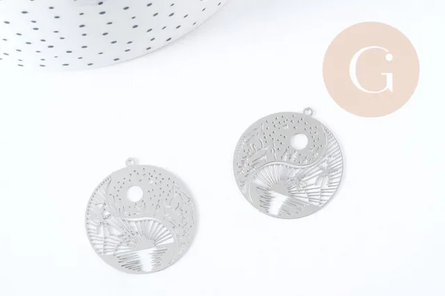 Gingerlily Perles G8937 pendentif estampe filigrane rond 32mm acier