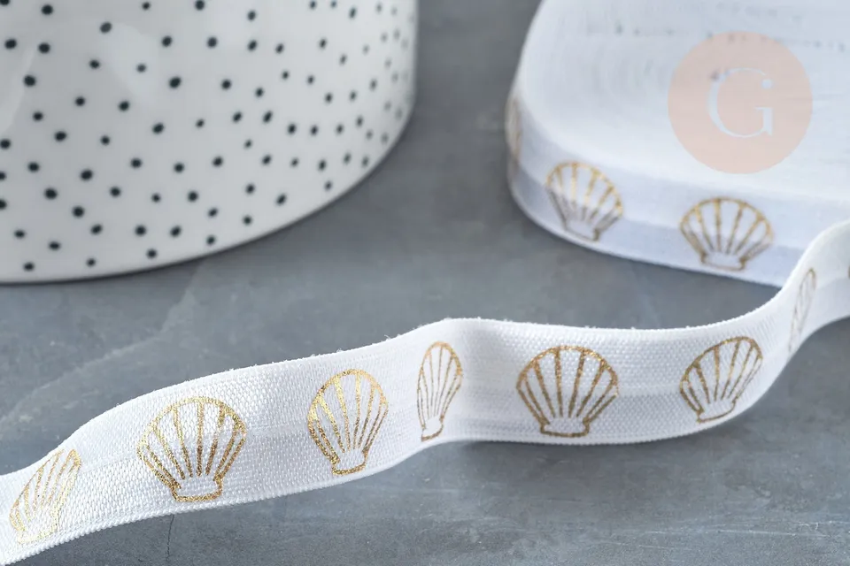 Gingerlily ruban G6907 élastique blanc doré coquillage 16 mm 1 m