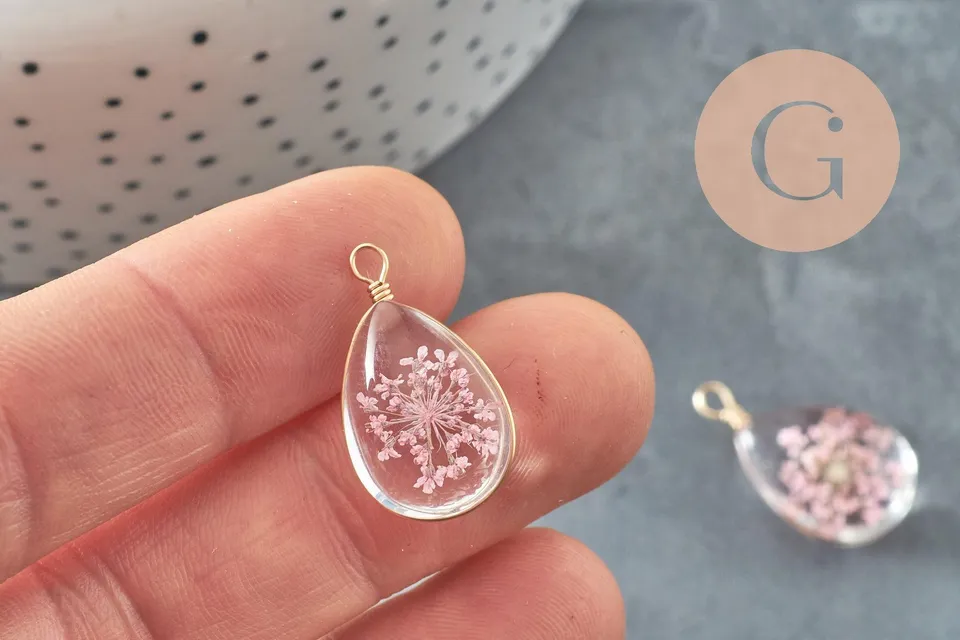 Gingerlily Perles G9752 pendentif goutte verre fleur rose 22 mm