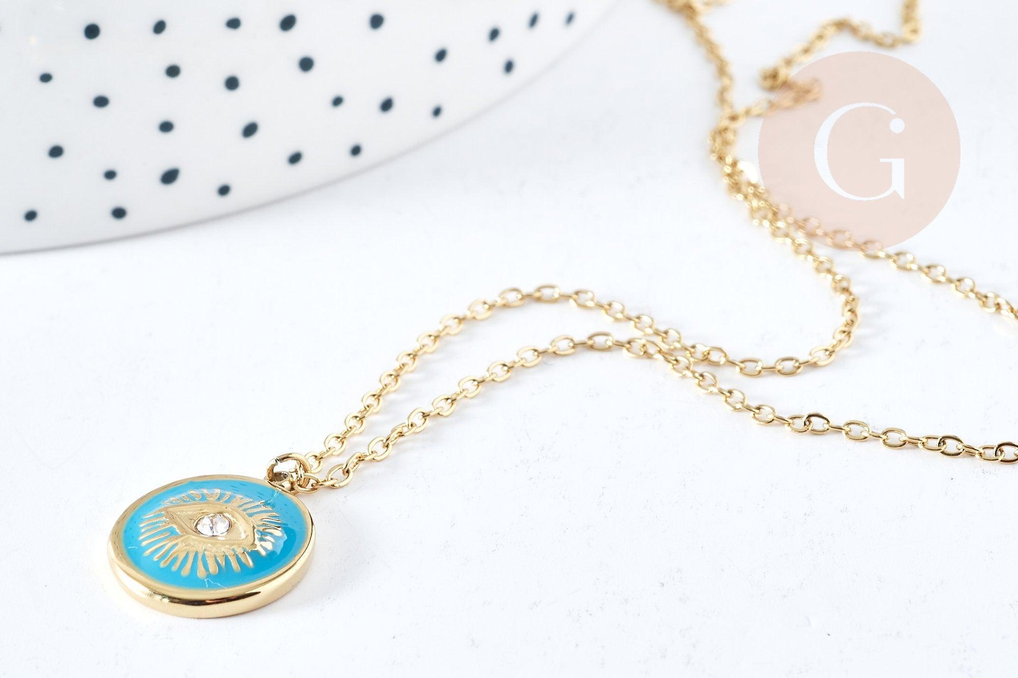 Gingerlily Collier médaille œil turquoise 45cm doré