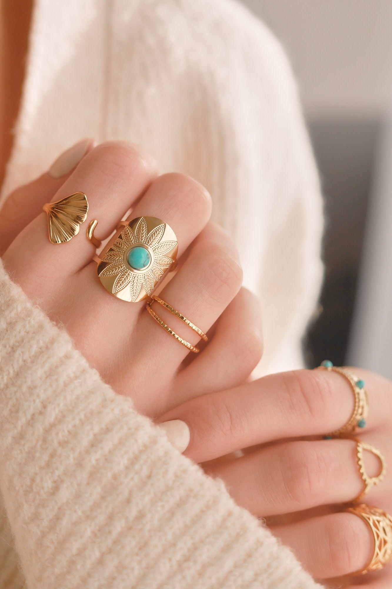 Gingerlily Bague réglable plume acier doré pierre verte 54