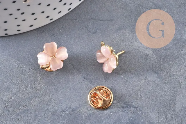 Gingerlily Broche G10991 trèfle doré verre rose x1