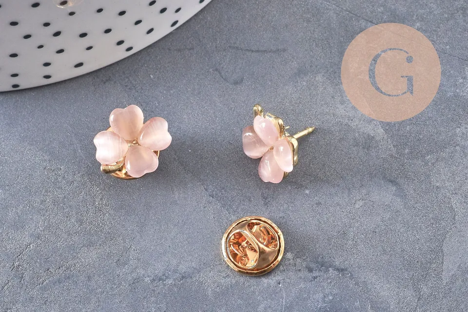 Gingerlily Broche G10991 trèfle doré verre rose x1
