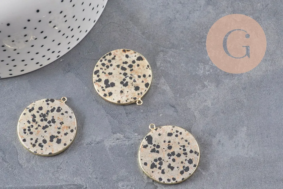 Gingerlily Pendentif jaspe dalmatien rond doré 32mm x1