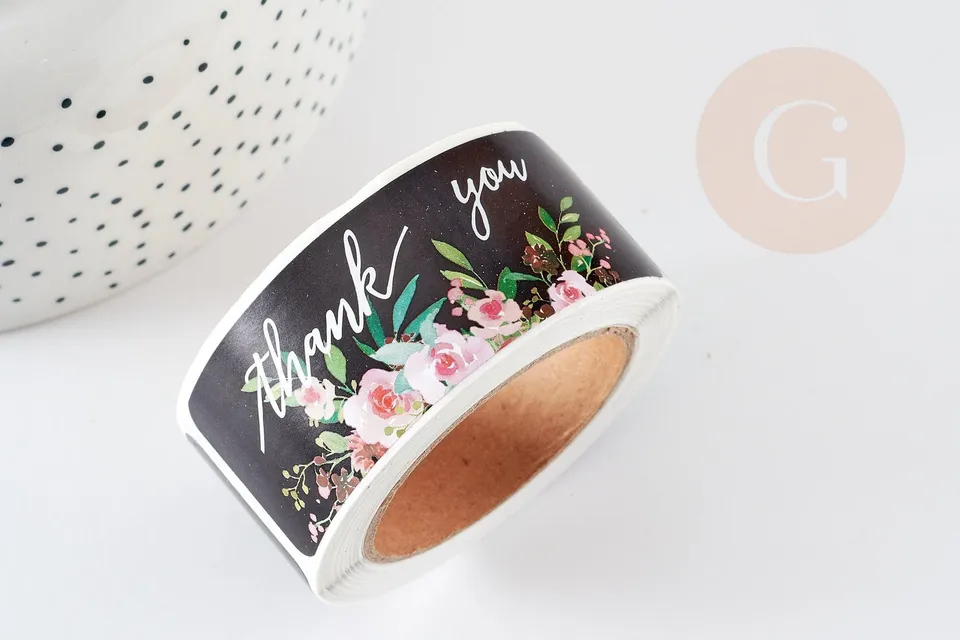 Gingerlily Perles G6135 stickers merci fleurs noirs 75mm x120