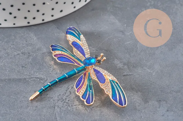 Gingerlily Broche G11291 pin's libellule doré bleu x1