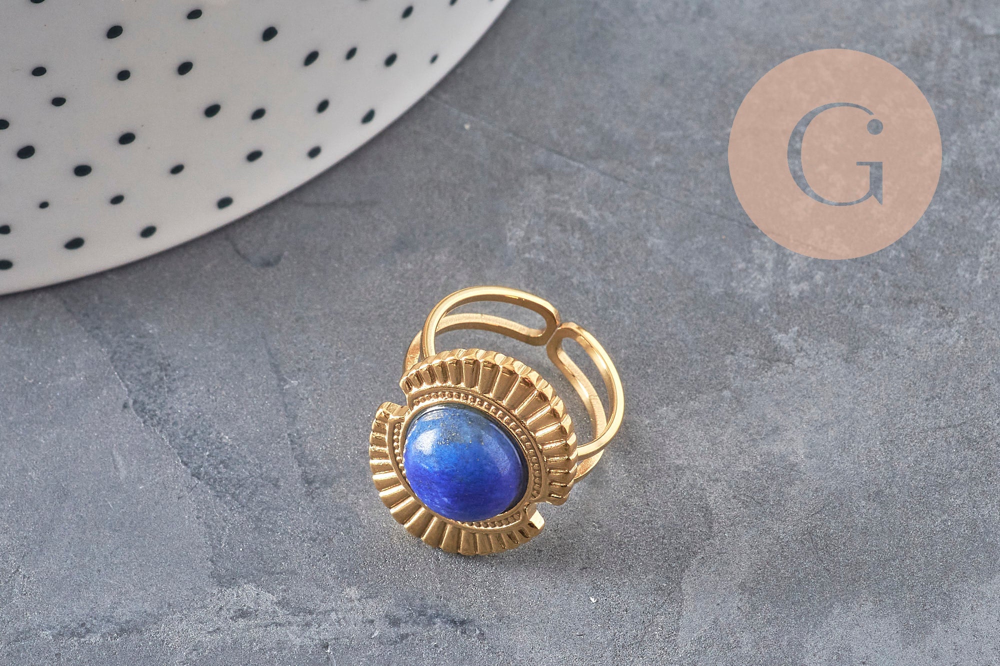 Gingerlily Bague réglable G11078 acier doré pierre bleue taille 53
