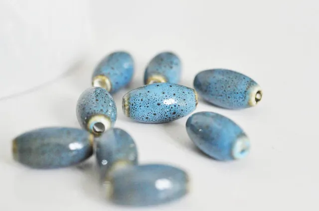 Gingerlily Perles ovales porcelaine bleue émaillée x5 16mm