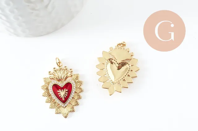 Gingerlily Pendentif cœur ex-voto 32mm émail rouge zircon x1