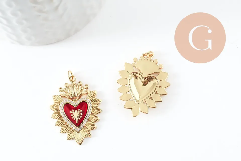 Gingerlily Pendentif cœur ex-voto 32mm émail rouge zircon x1