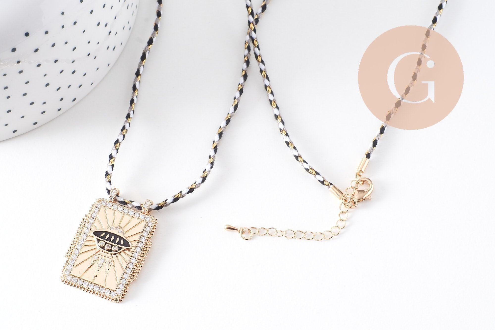 Gingerlily Collier médaille soucoupe volante émail noir 45cm doré