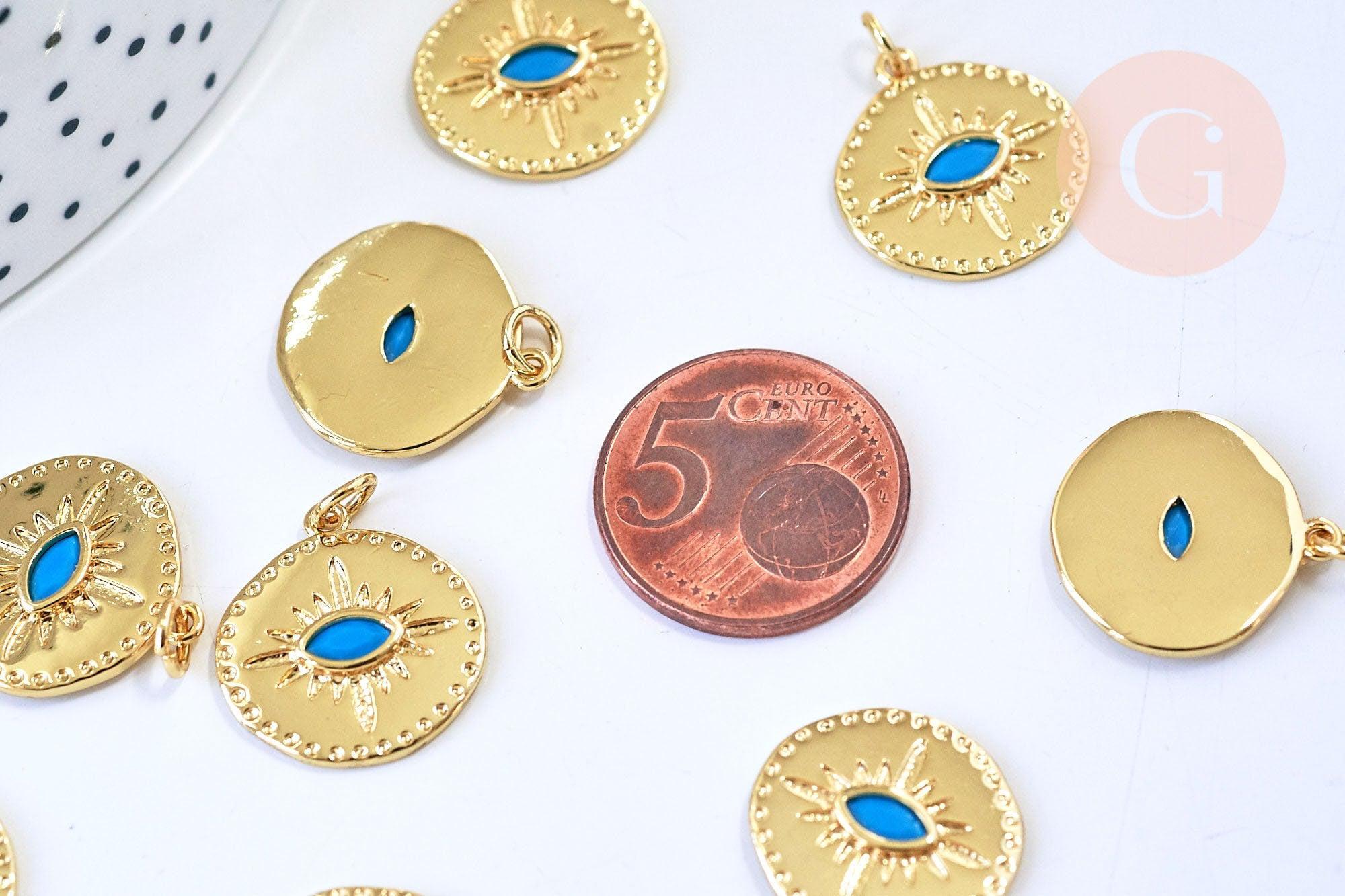 Gingerlily Pendentif médaille oeil bleu doré 19mm x1