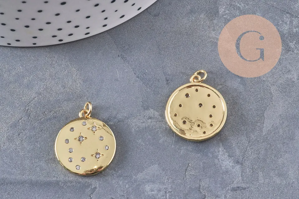 Gingerlily Pendentif rond laiton doré 18K zircons G10976 23mm x1