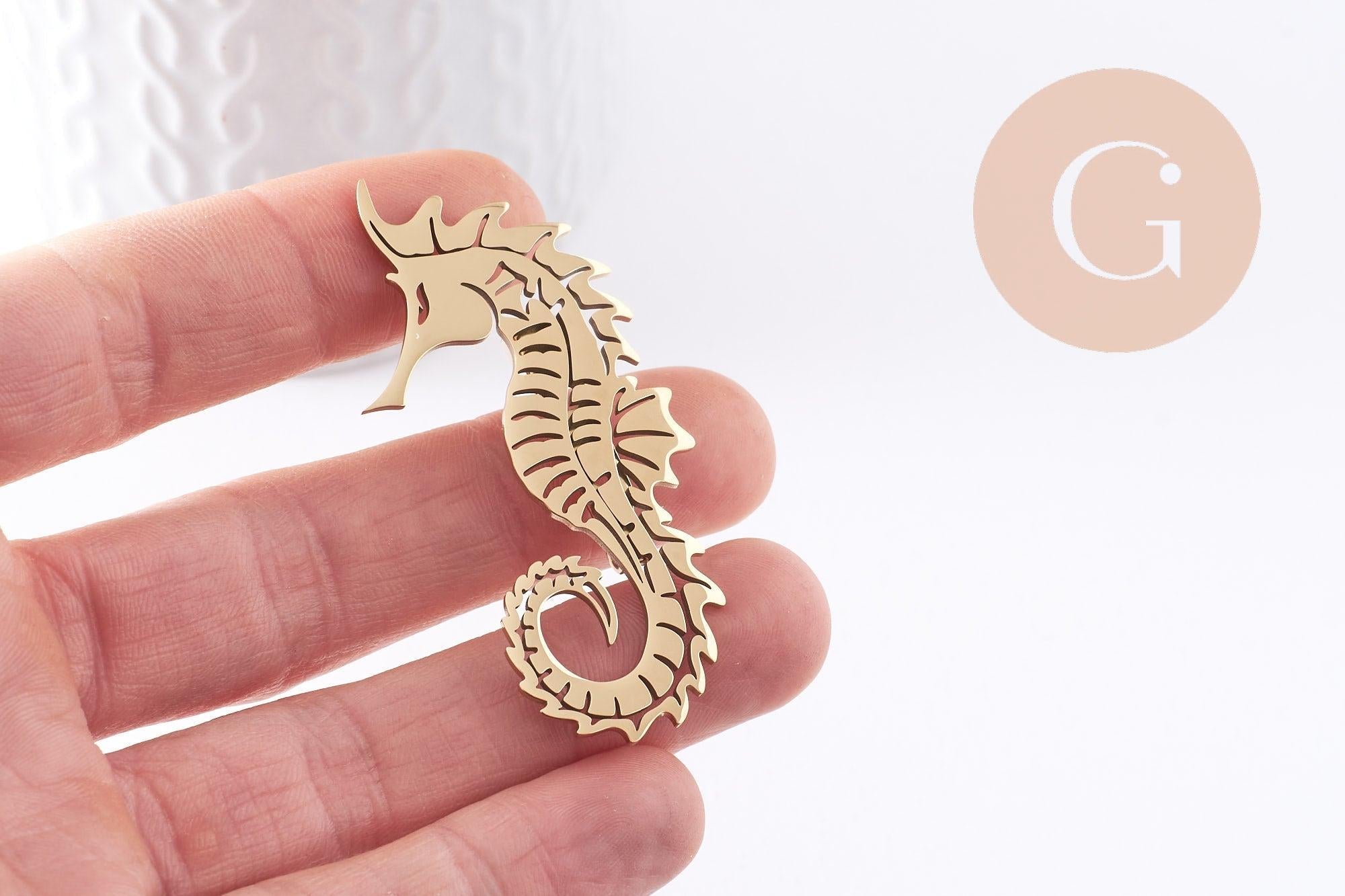 Gingerlily broche hippocampe acier doré 60mm x1