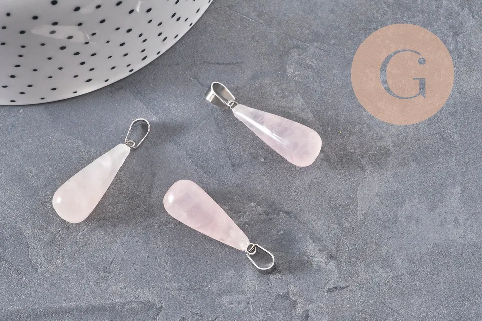 Gingerlily pendentif goutte quartz rose G11118 28mm