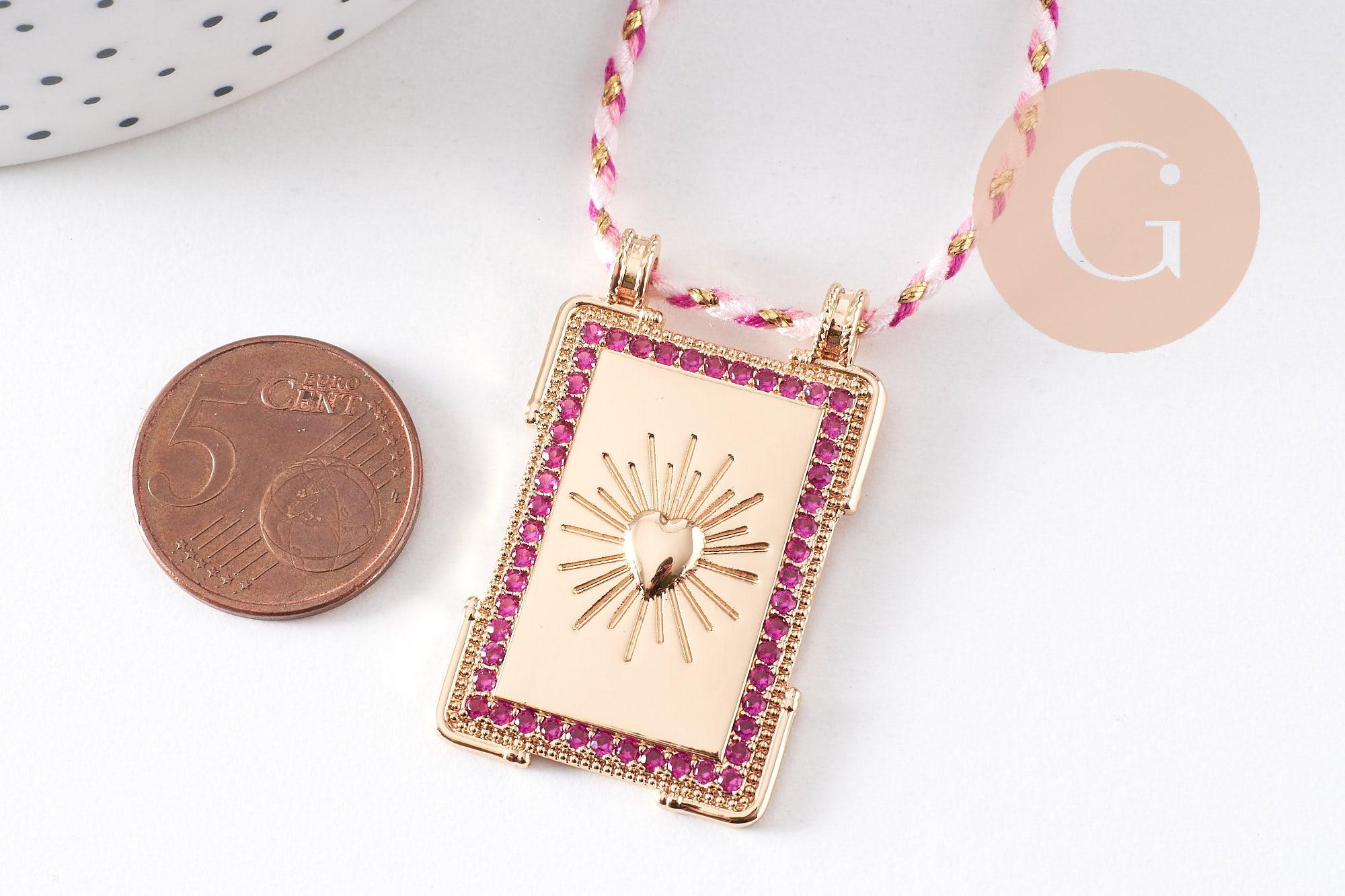 Gingerlily Collier médaille cœurs zircons fuchsia 45 cm