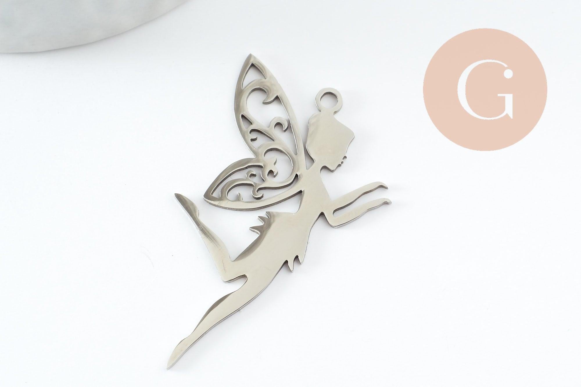 Gingerlily fée ange G9803 pendentif acier platine 41mm x1