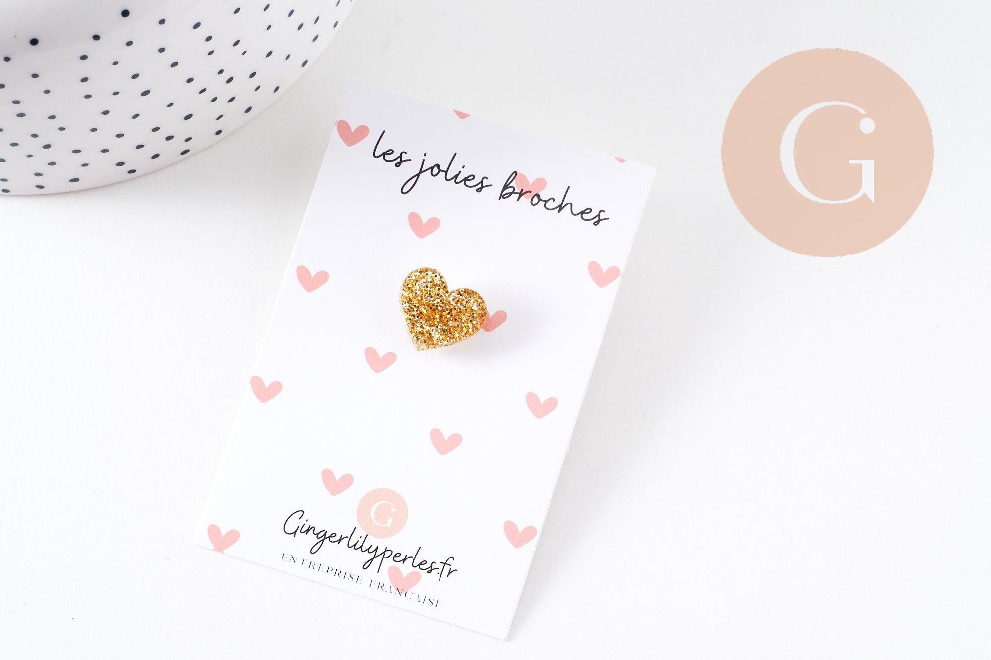 Gingerlily Broche pins coeur plexiglas doré paillettes 20mm