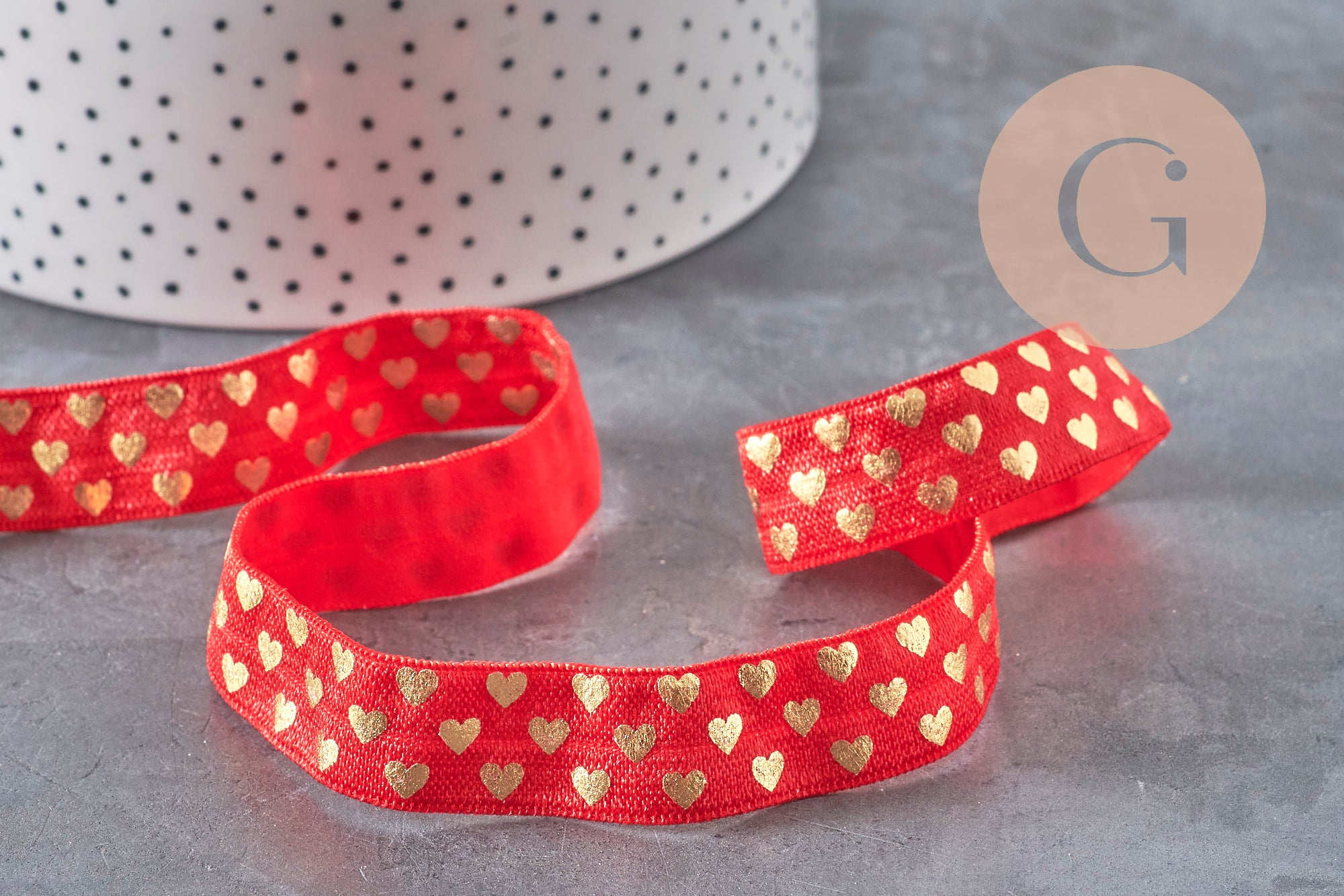 Gingerlily Cordons ruban élastique rouge coeurs or 16mm 1m