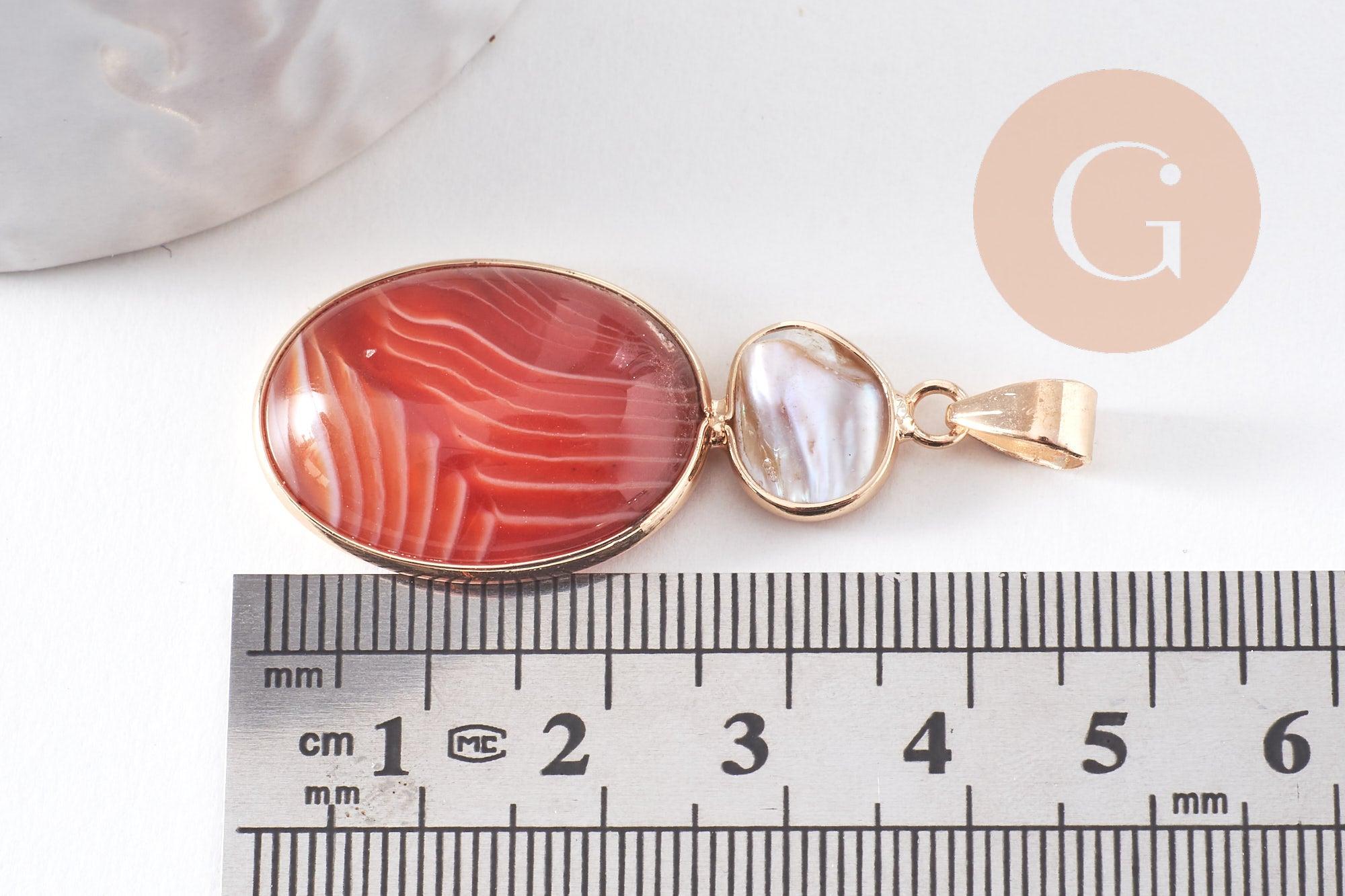 Gingerlily Pendentif agate ovale 42mm perle eau douce doré x1