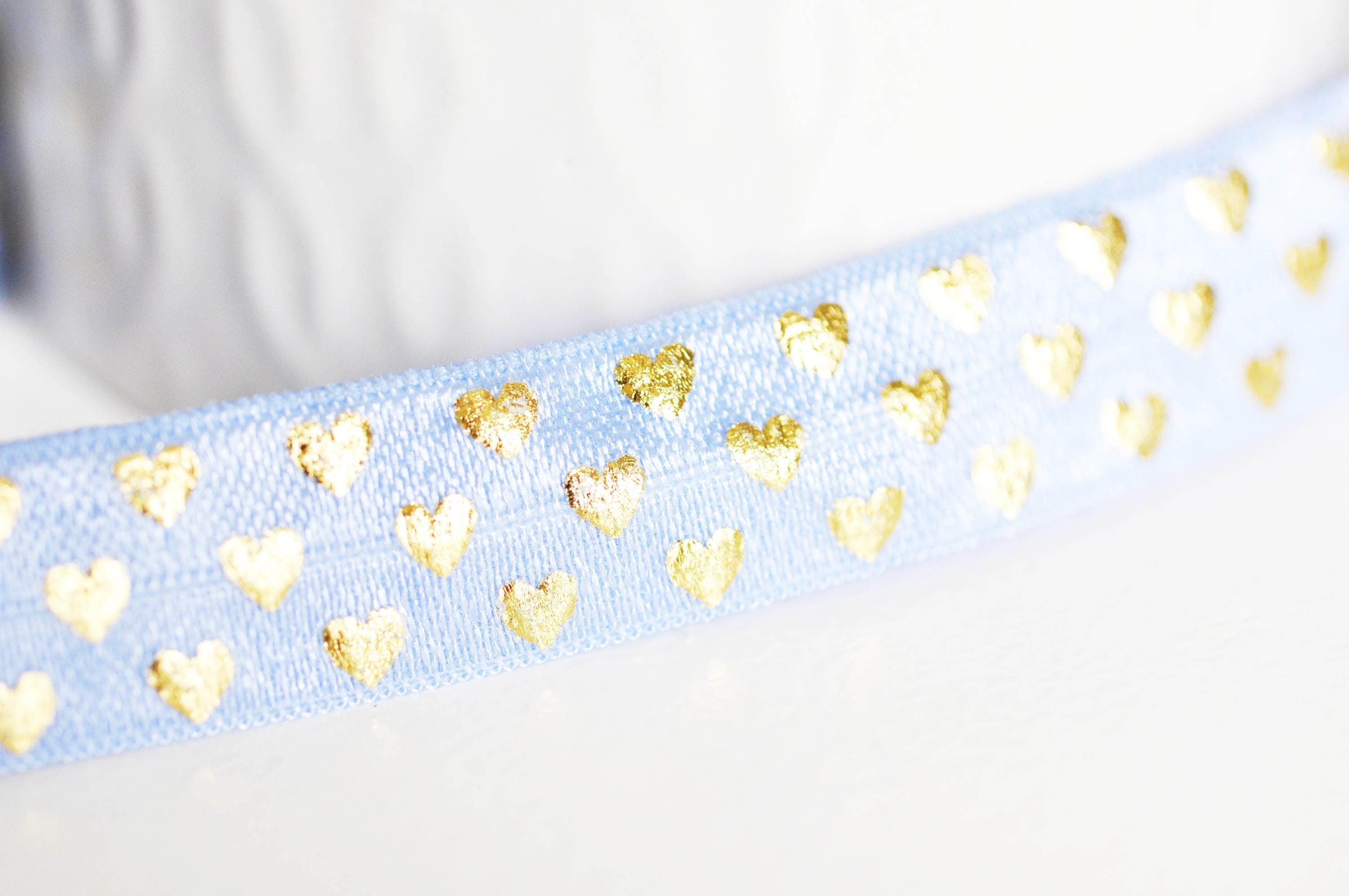 Gingerlily Ruban Élastique Bleu Cœurs Or 16mm 1 mètre