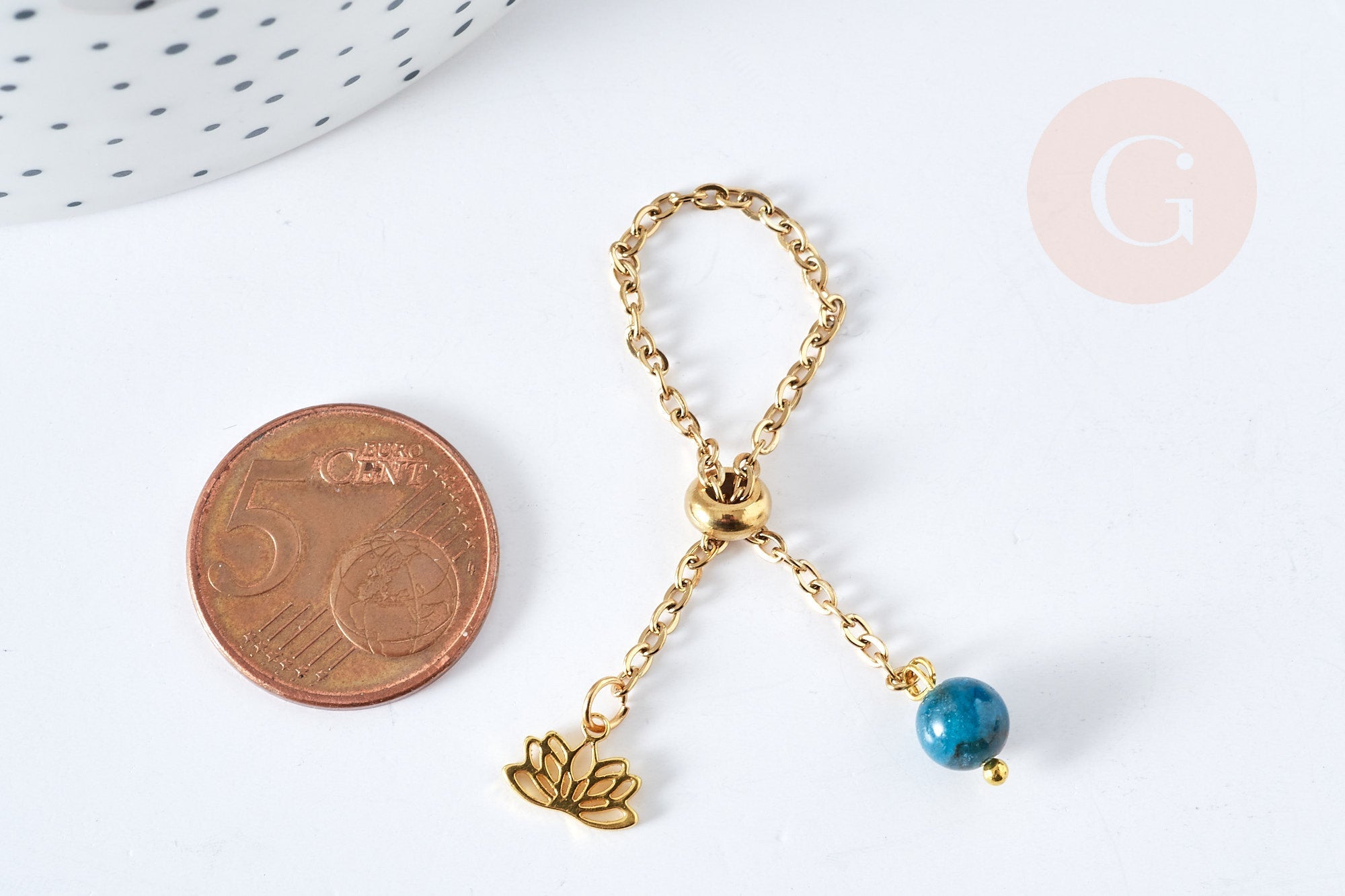 Gingerlily Bague chaîne acier doré lotus apatite bleue 96mm x1