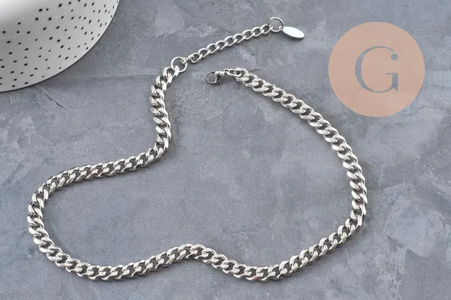Gingerlily Collier chaîne cubaine acier platine 9mm 41cm