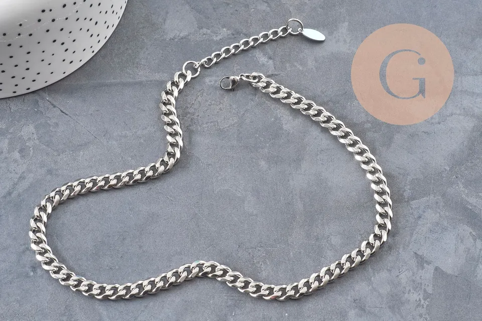 Gingerlily Collier chaîne cubaine acier platine 9mm 41cm