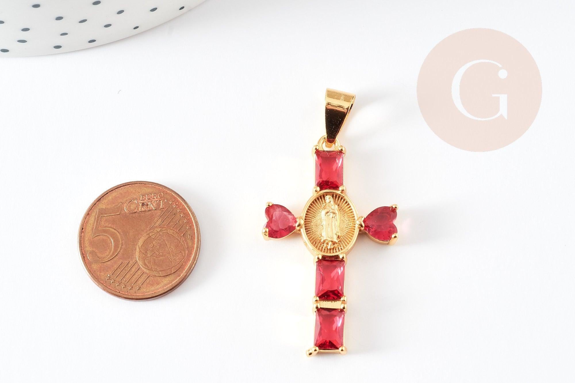 Gingerlily Pendentif grande croix dorée zircons rouges x1