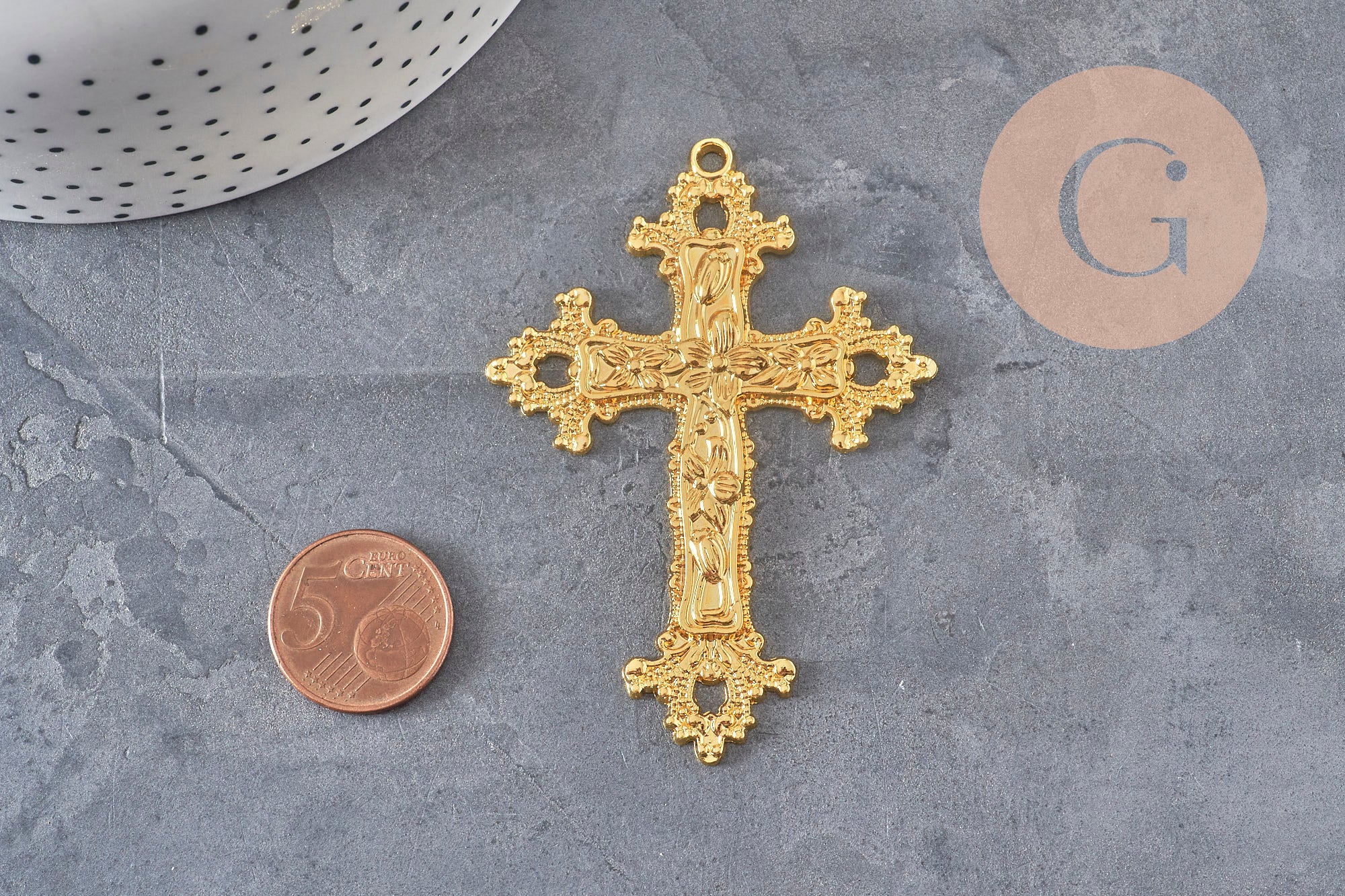 Gingerlily Pendentif Croix Fleurie Zamac Doré 74 mm x1