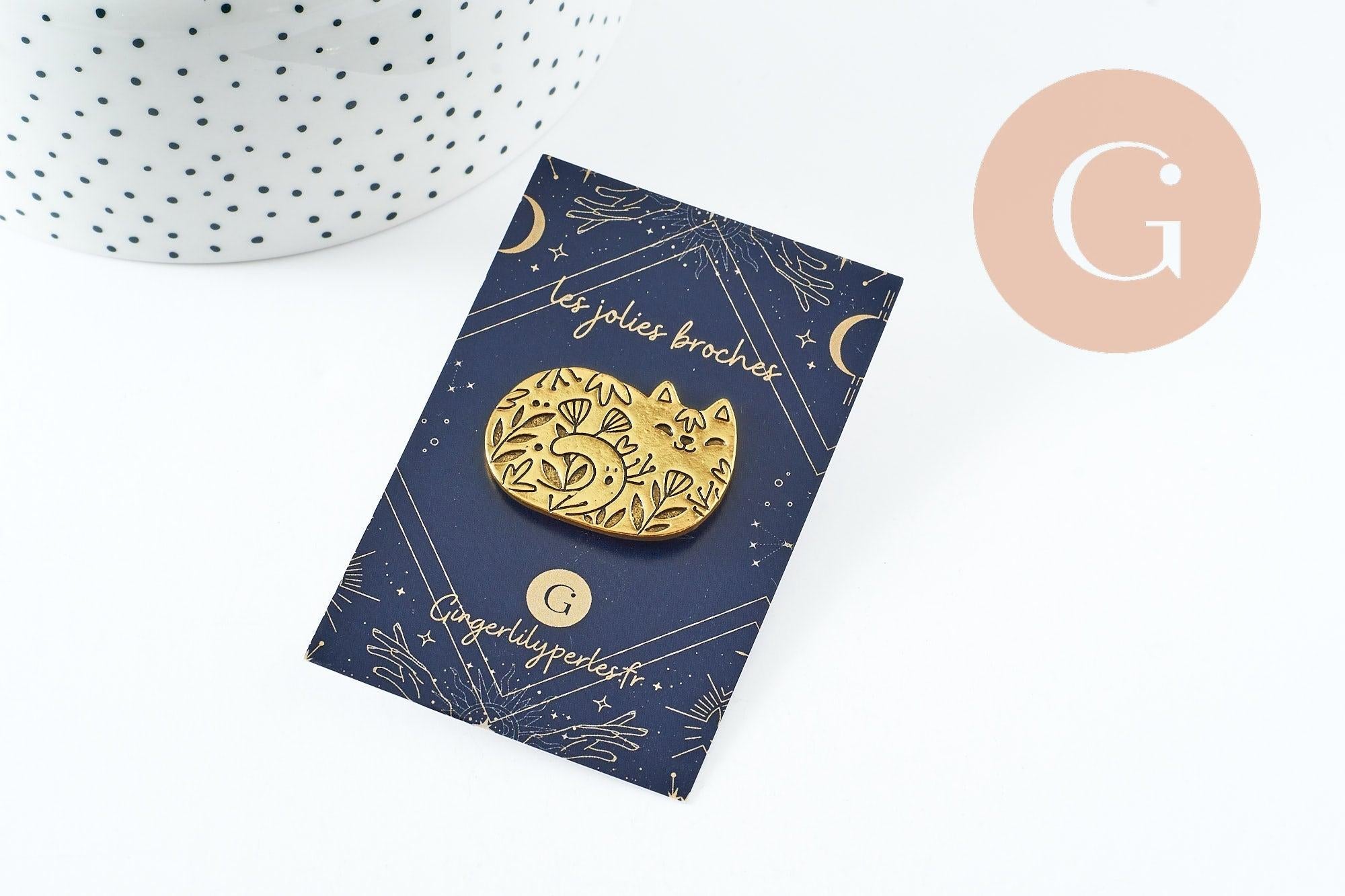 Gingerlily Broche G9786 chat gravé acier doré 34mm x1