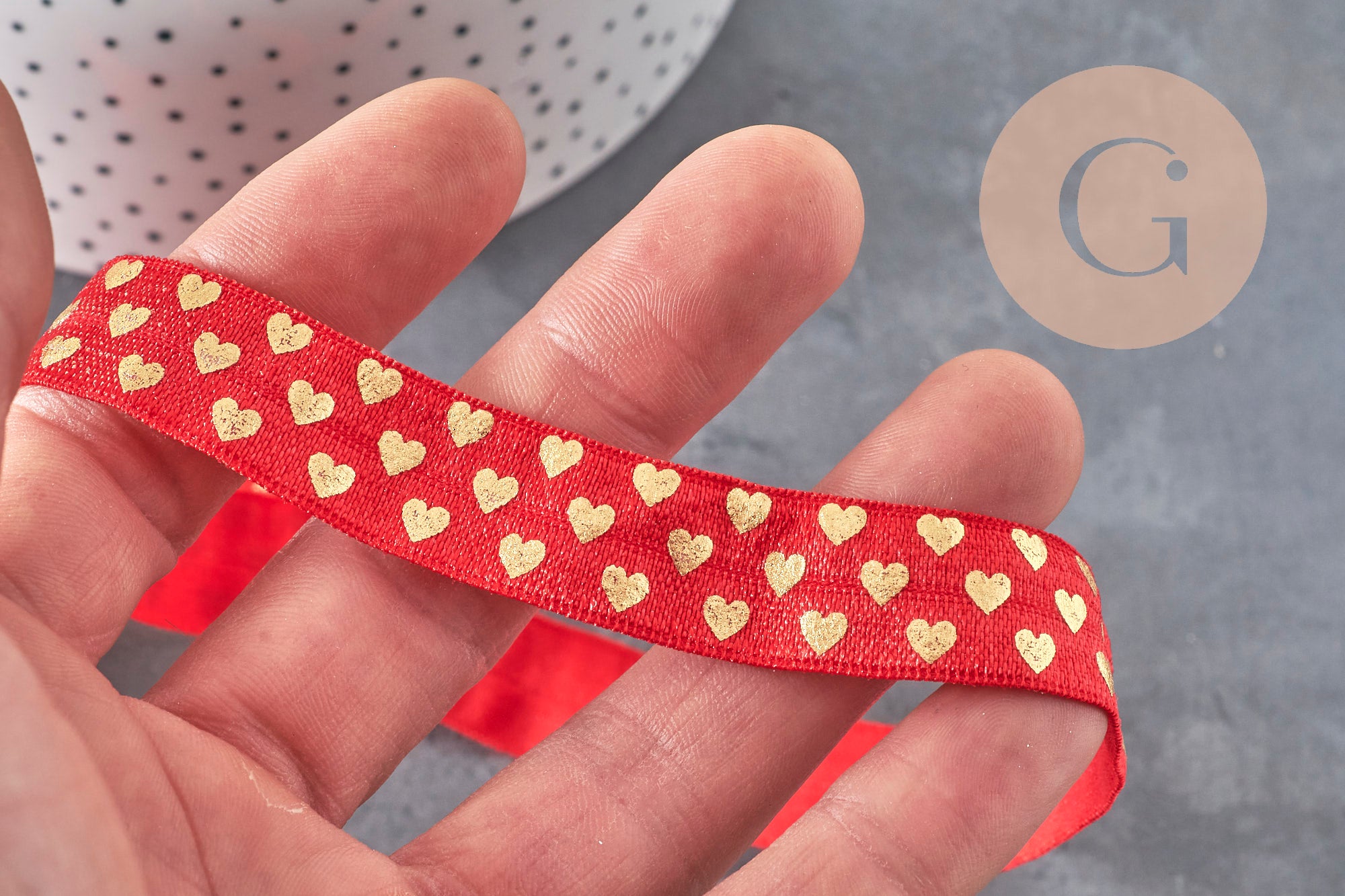 Gingerlily Cordons ruban élastique rouge coeurs or 16mm 1m