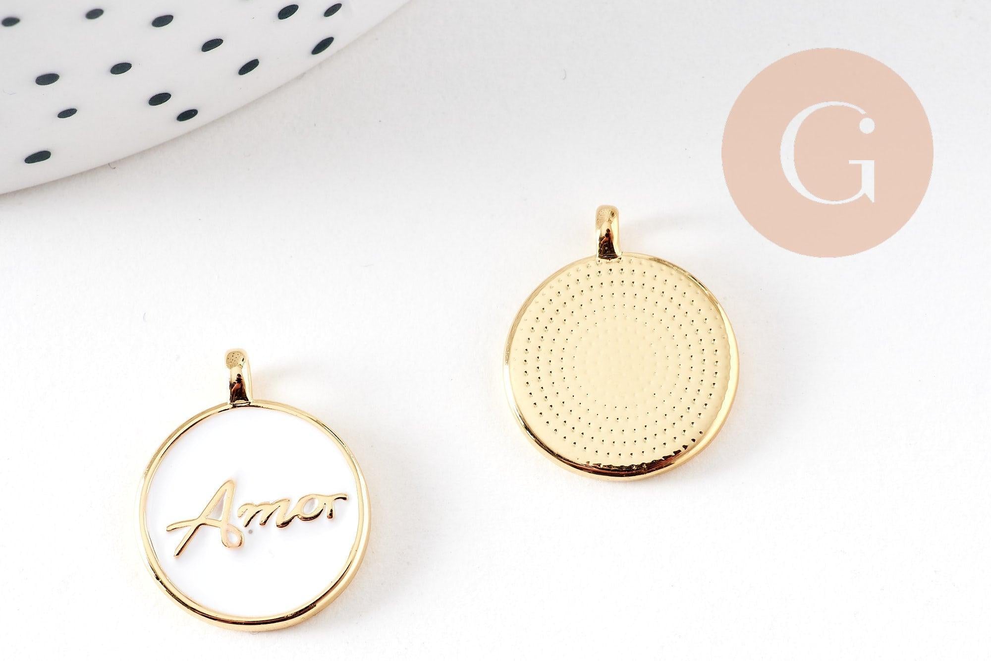 Gingerlily Pendentif médaille AMOR émail noir 20.5mm x1 doré