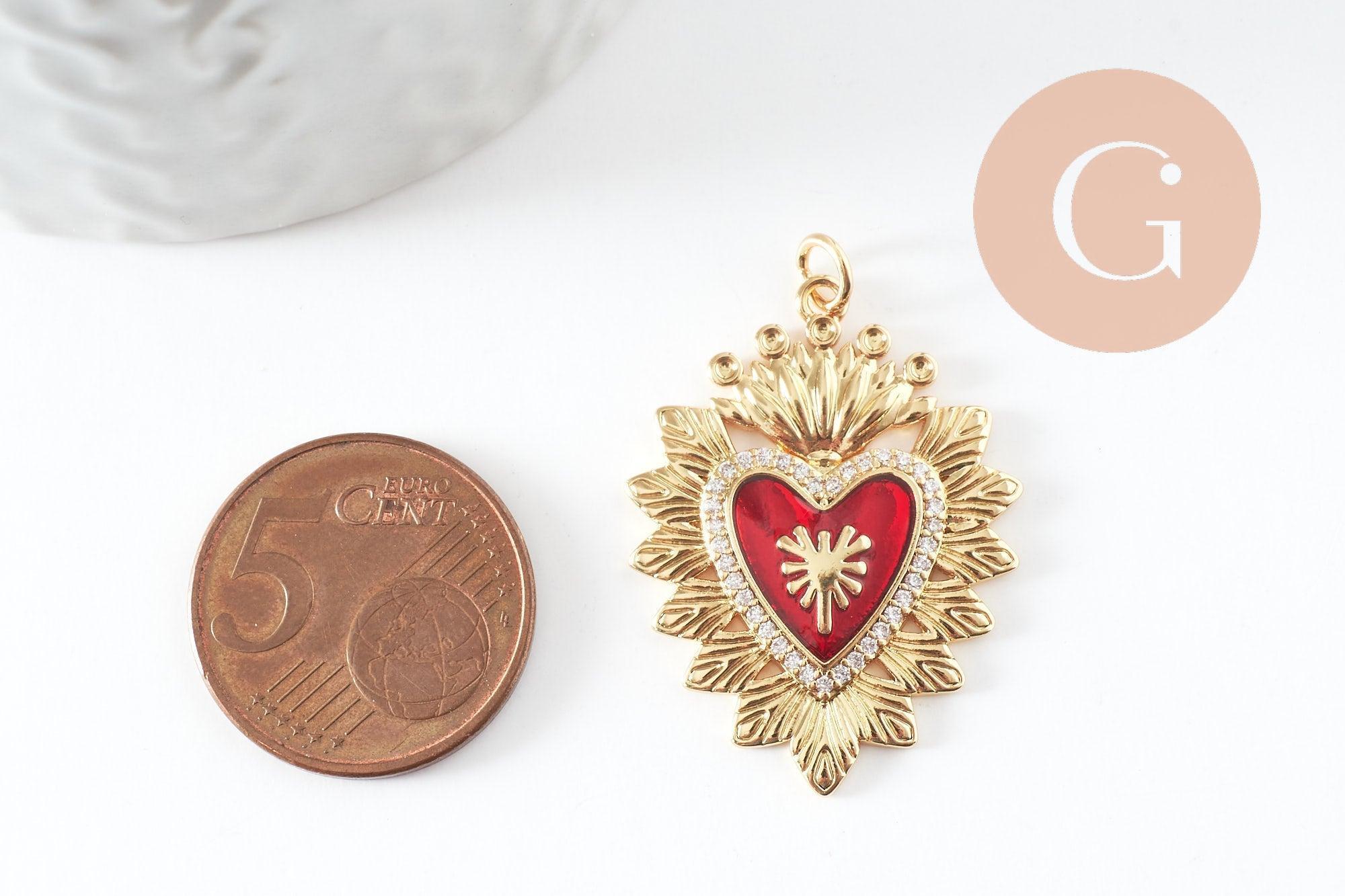 Gingerlily Pendentif cœur ex-voto 32mm émail rouge zircon x1