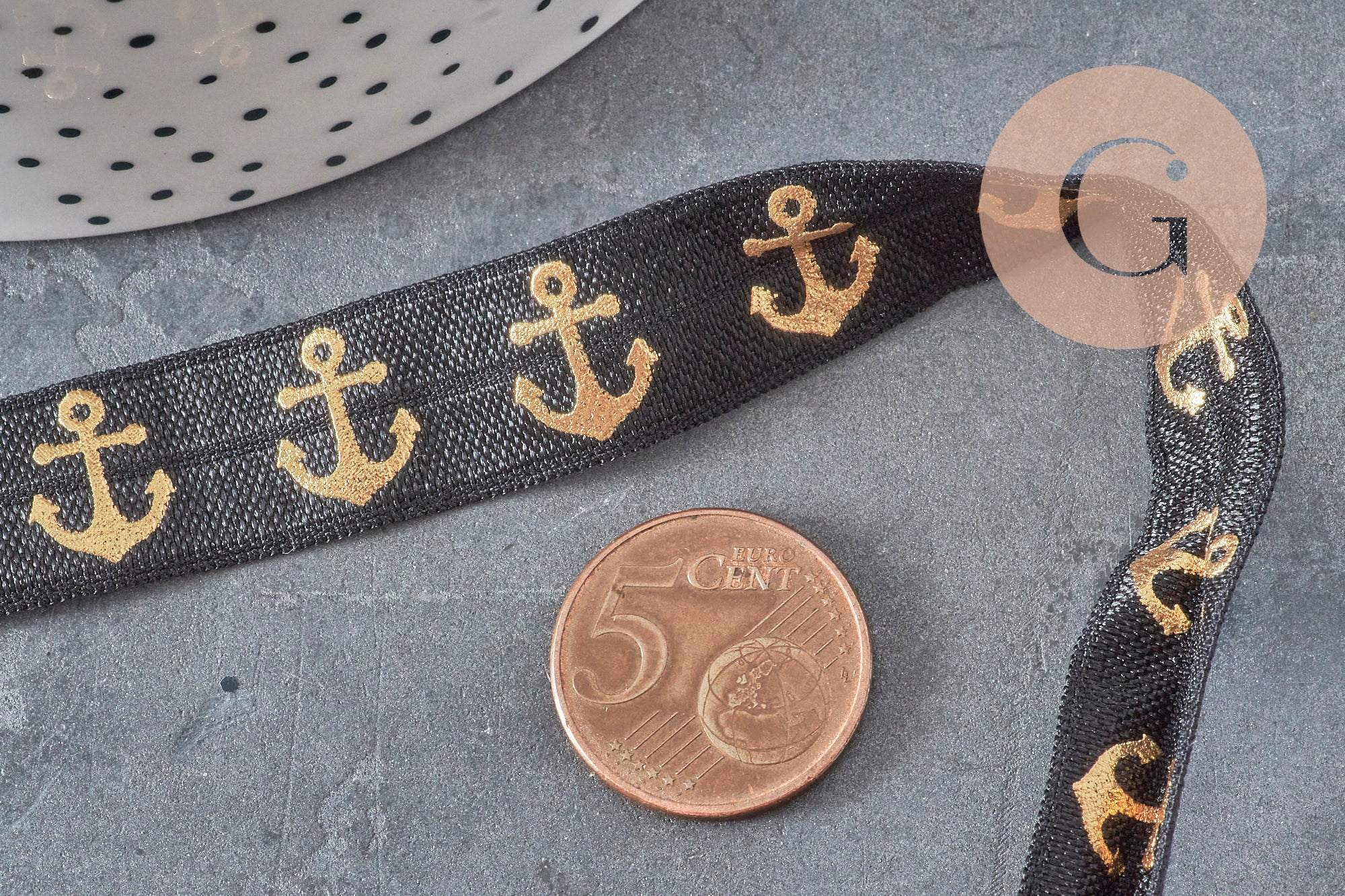 Gingerlily ruban élastique ancre or 16mm noir 1 mètre marin