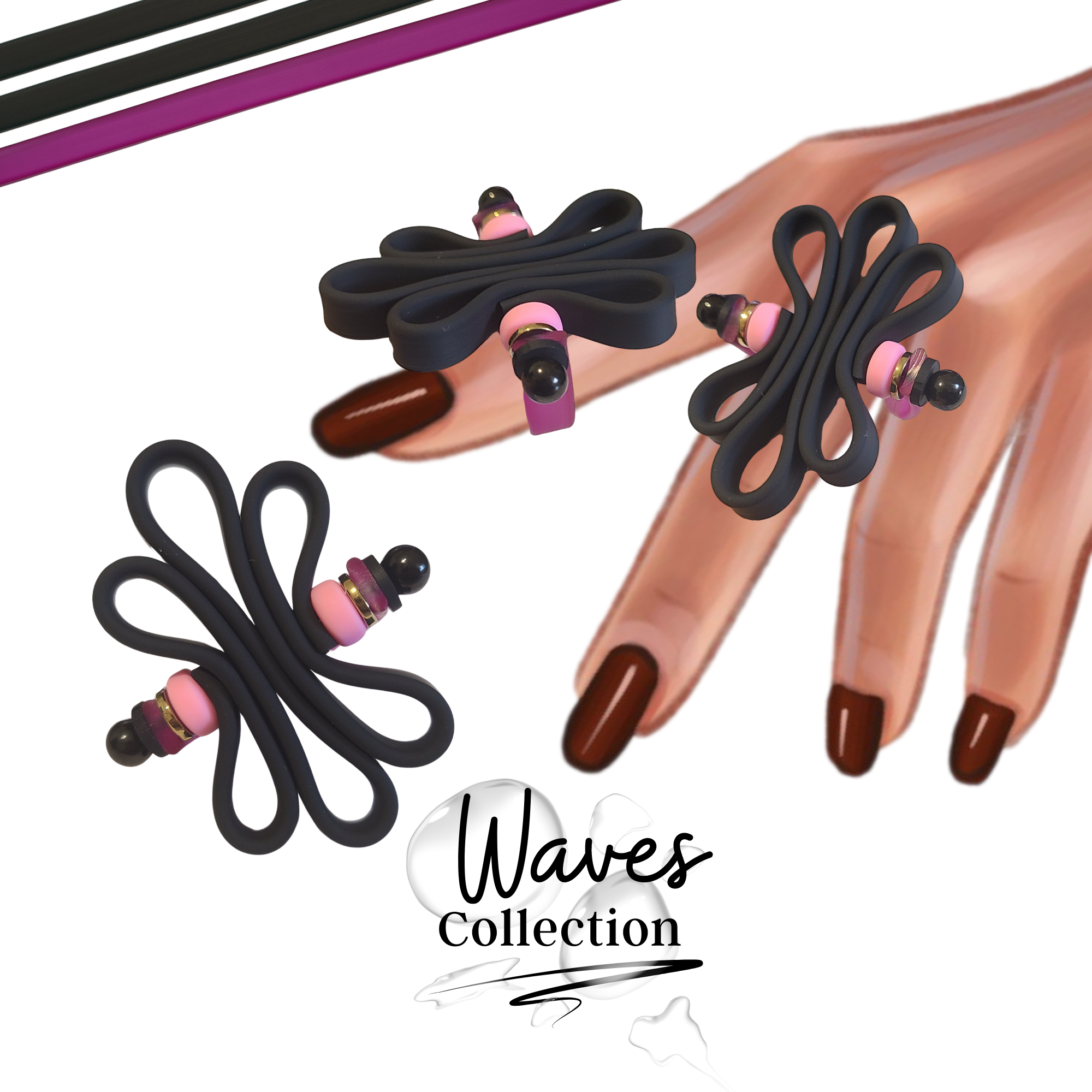 ARTSHOP Waves kit bague silicone Noir Fuchsia n°4
