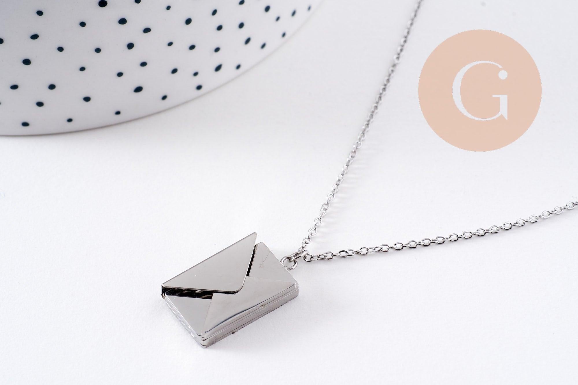 Gingerlily Collier locket enveloppe acier platine 45cm x1