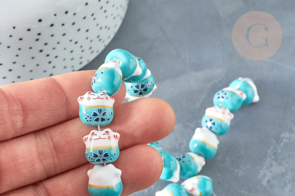 Gingerlily Perles chat 14mm perle porcelaine turquoise lot de 5