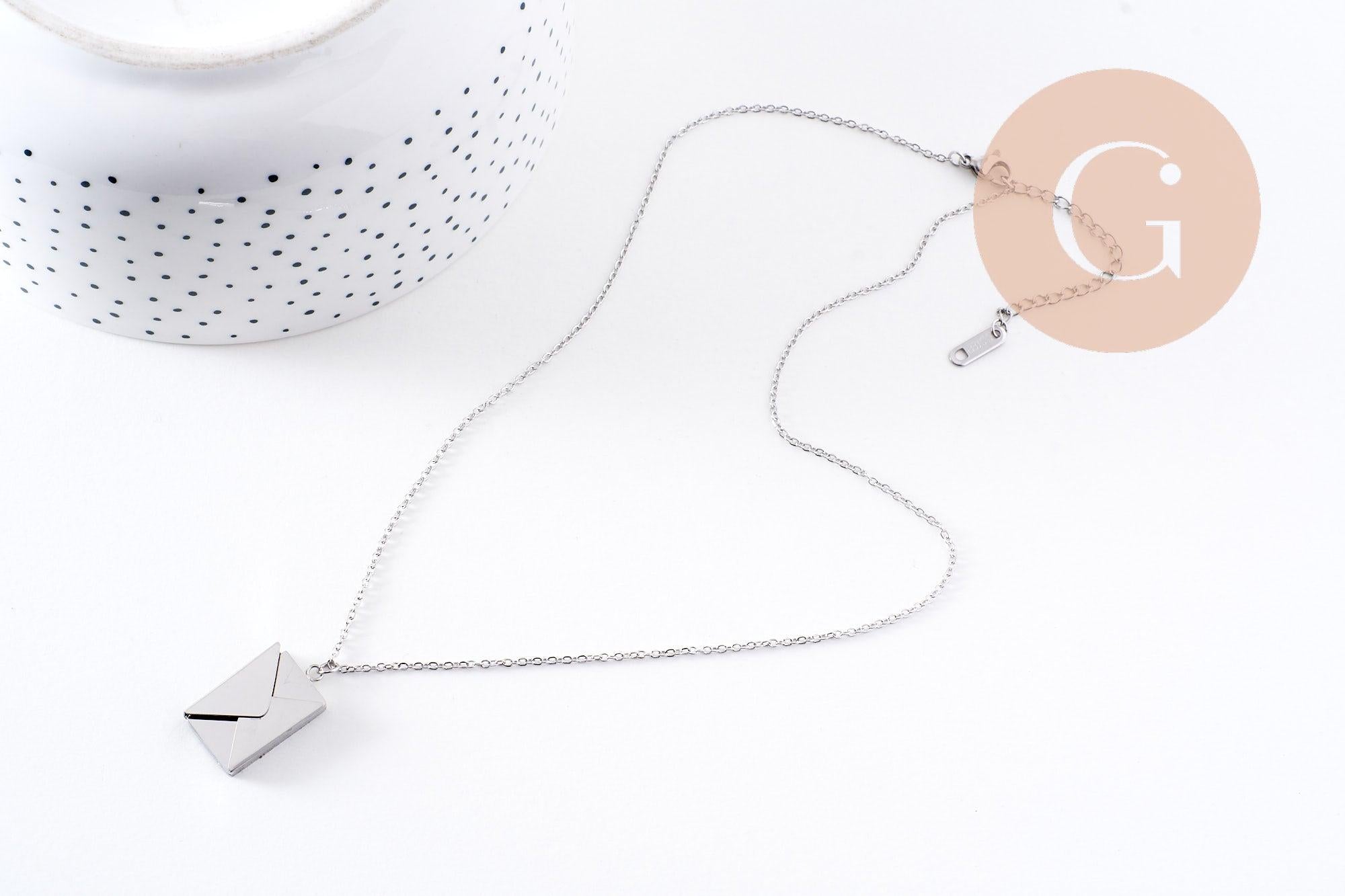 Gingerlily Collier locket enveloppe acier platine 45cm x1