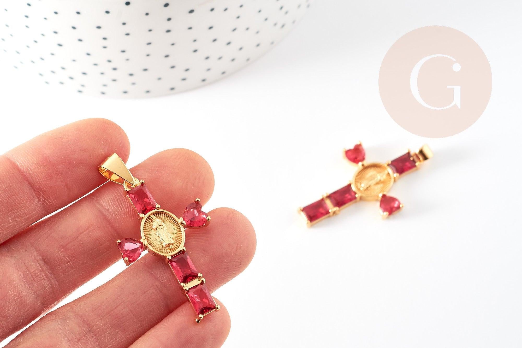 Gingerlily Pendentif grande croix dorée zircons rouges x1