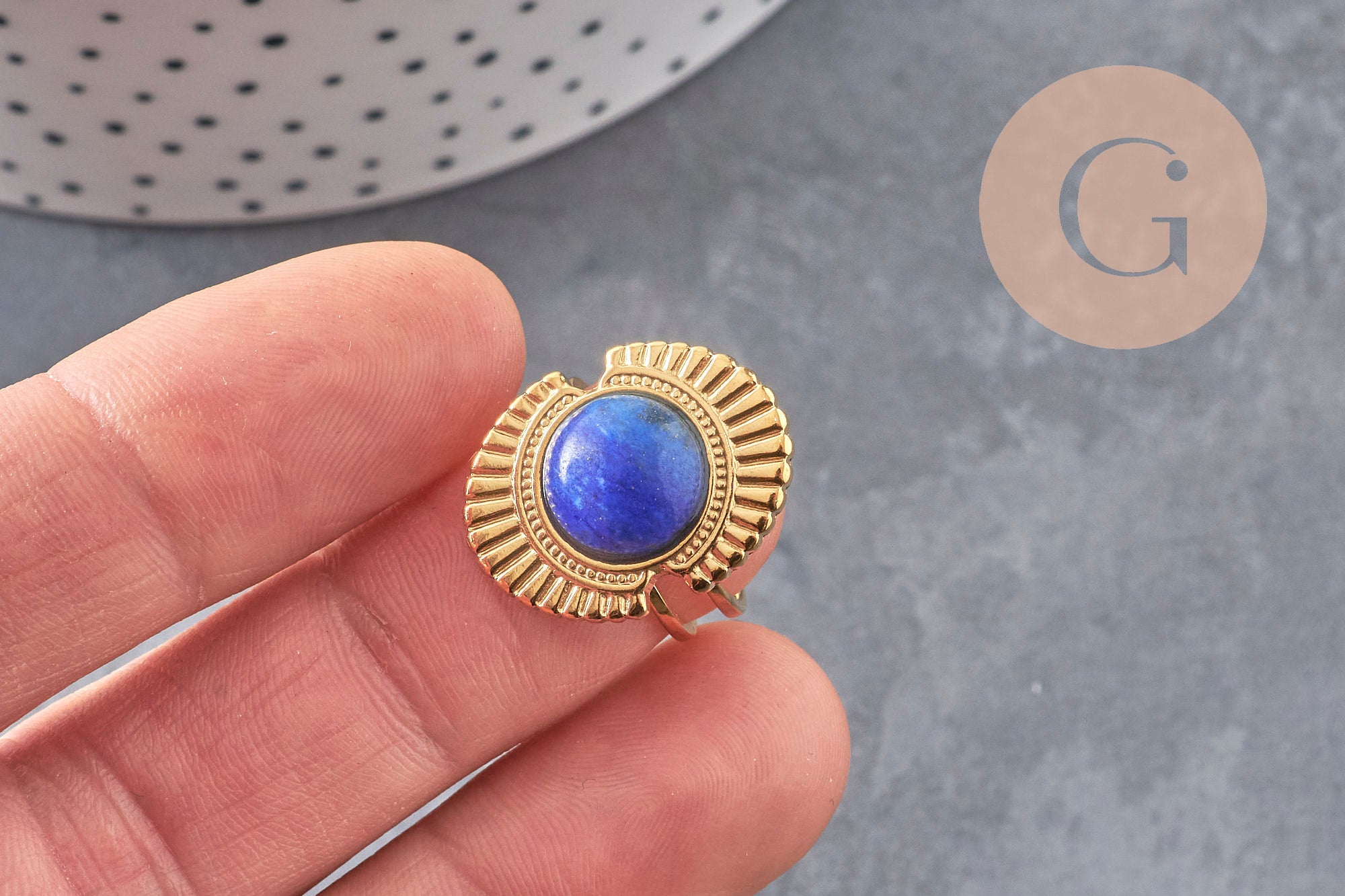 Gingerlily Bague réglable G11078 acier doré pierre bleue taille 53