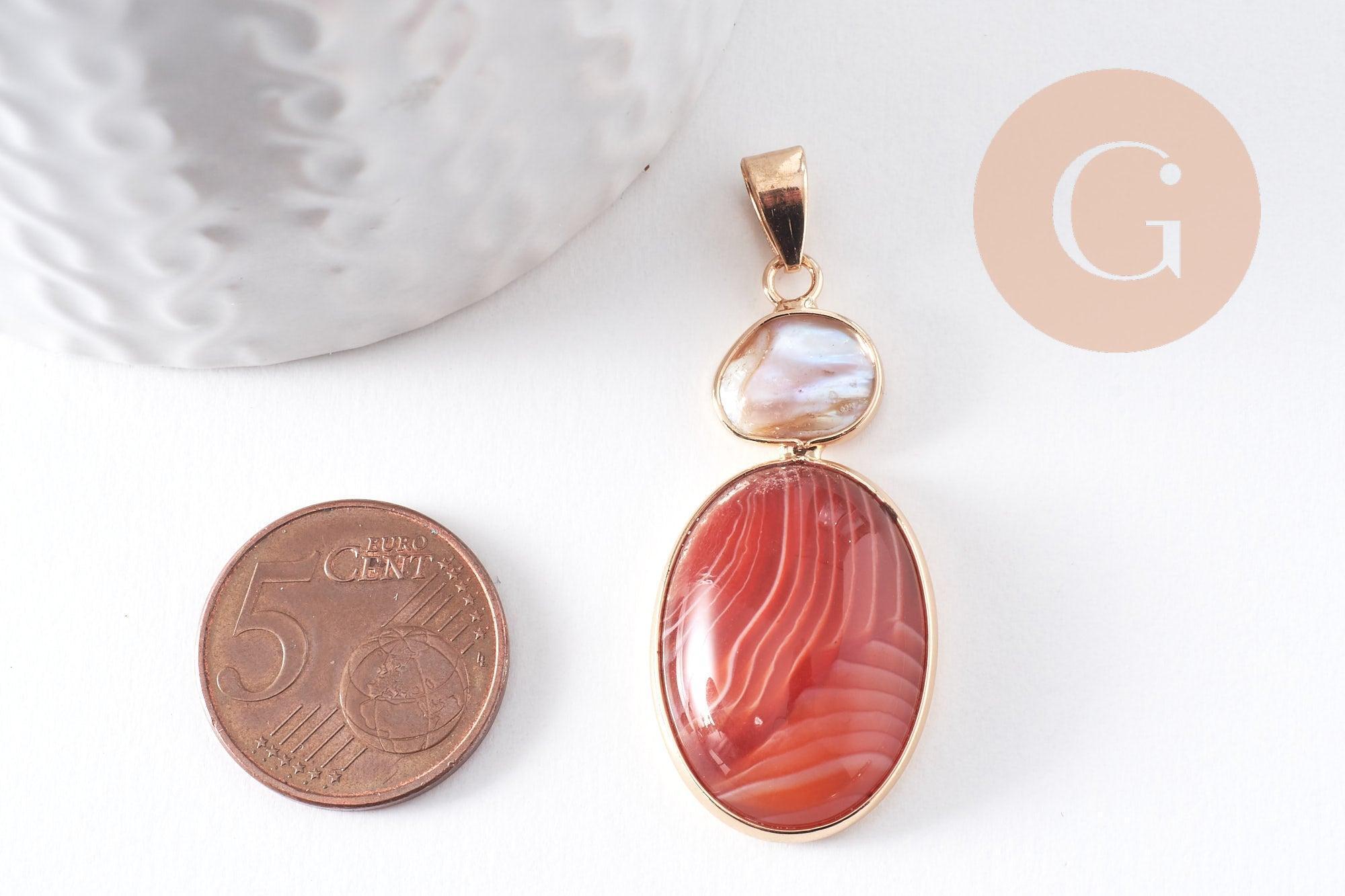 Gingerlily Pendentif agate ovale 42mm perle eau douce doré x1