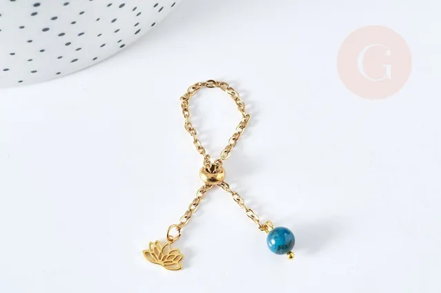 Gingerlily Bague chaîne acier doré lotus apatite bleue 96mm x1