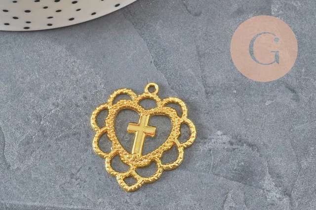 Gingerlily Pendentif Cœur Croix Zamac Doré 31mm x1