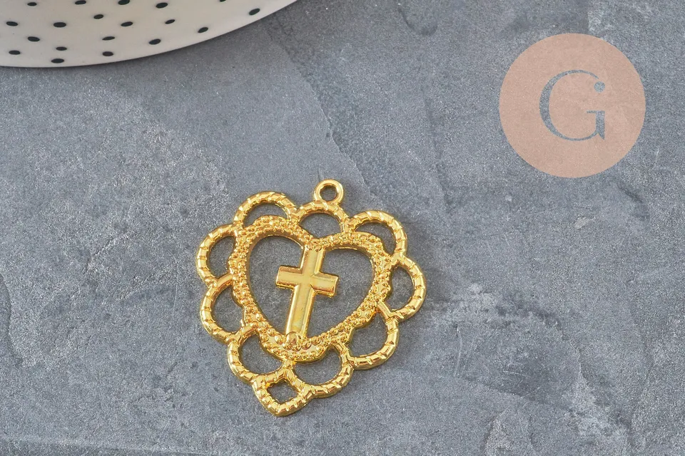 Gingerlily Pendentif Cœur Croix Zamac Doré 31mm x1