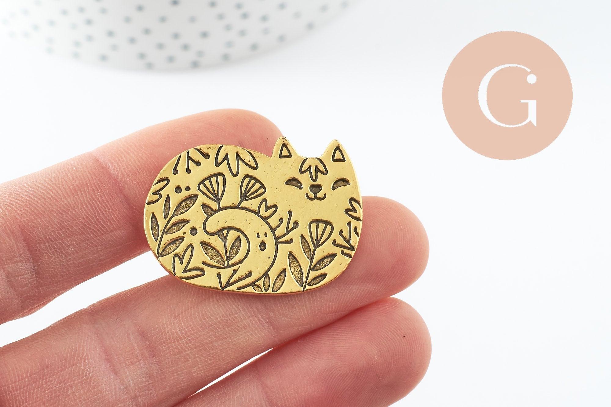 Gingerlily Broche G9786 chat gravé acier doré 34mm x1