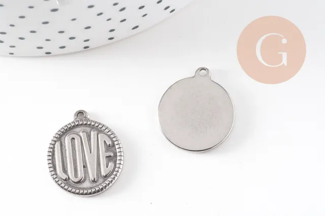 Gingerlily Pendentif médaille LOVE acier platine 21mm x1