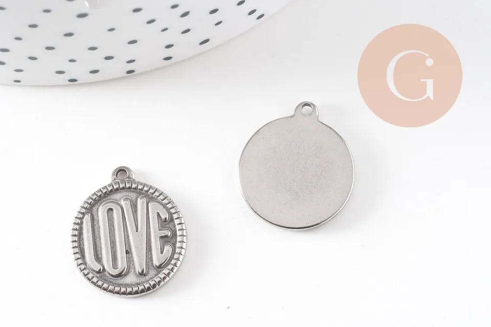 Gingerlily Pendentif médaille LOVE acier platine 21mm x1