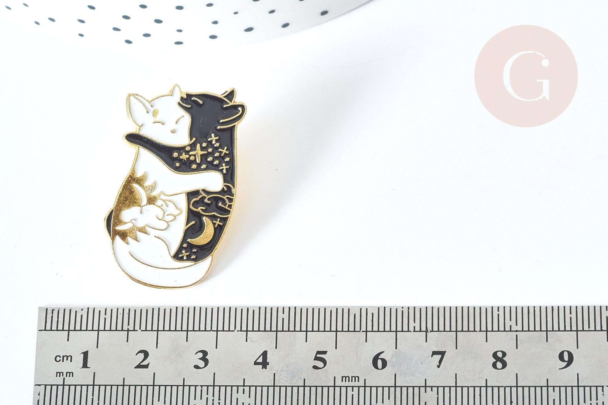 Gingerlily Broche pin's chats émail noir blanc doré 35mm